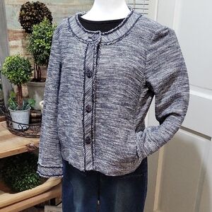 J. Jill Women's Navy and White Textured Button Up Blazer Size L Career, Preppy